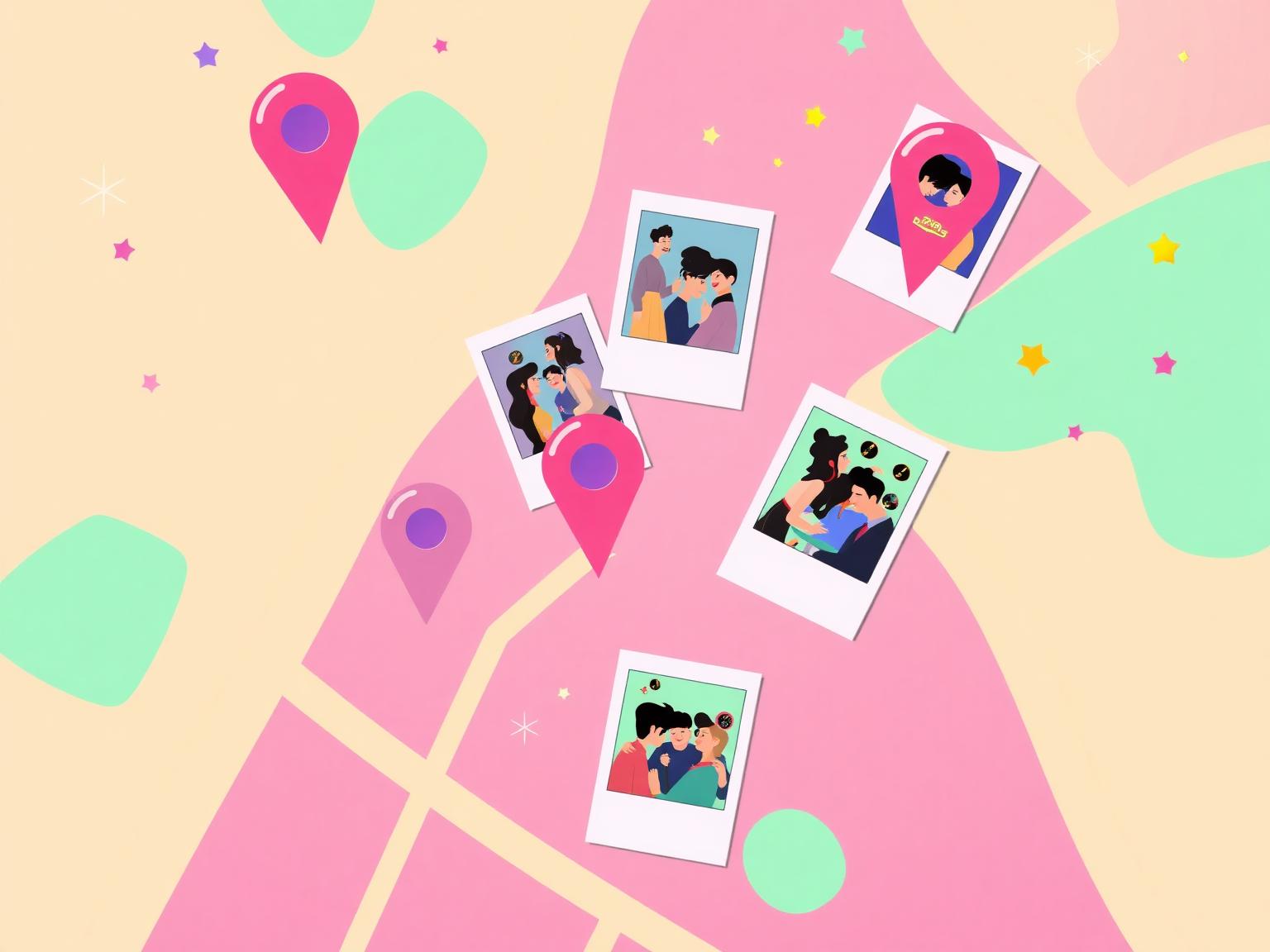 A playful illustrated city map with location pins and friend polaroids